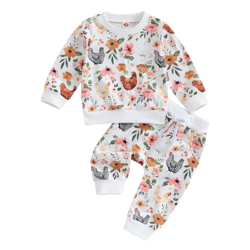 Floral Happy Chickens 2 Piece Set Size 2-3T